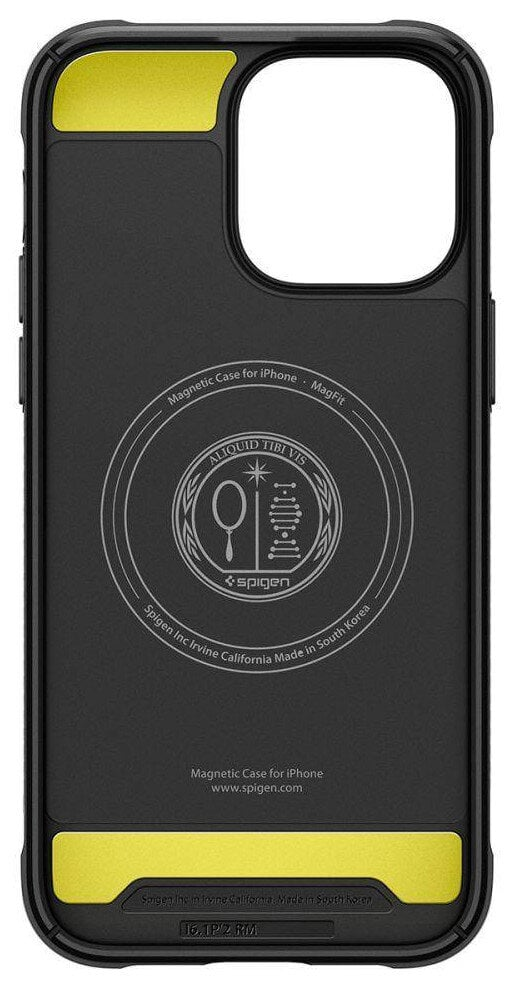 Czarne etui na telefon z żółtymi akcentami i srebrnym okrągłym logo pośrodku.