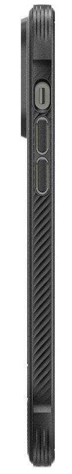 Profil boczny czarnego etui na telefon. Ma grzbiety i przyciski z boku.