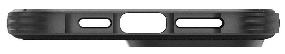 Widok z boku czarnego etui na telefon z otworami na aparat, głośniki i ładowanie.