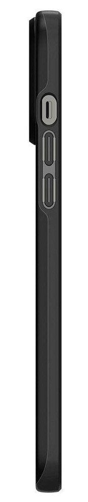 Czarny futerał na telefon, widok z boku. Ma przyciski i wycięcie na aparat.