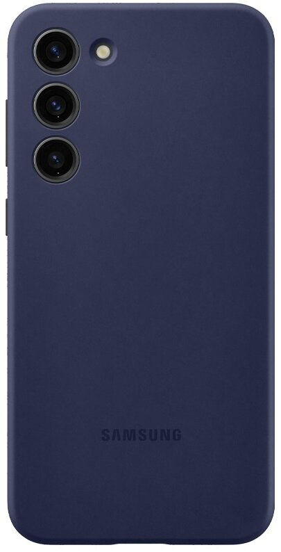 Granatowe etui na telefon. Trzy wycięcia na aparat i logo Samsung. Białe tło.