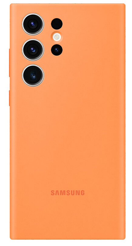 Pomarańczowe etui na telefon. Etui zakrywa tył telefonu, z otworami na aparat i przyciski.