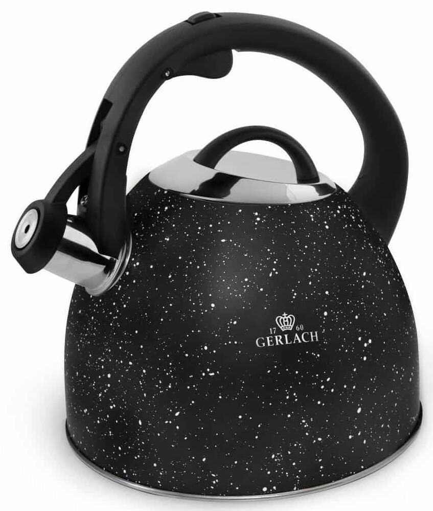 Czarny, nakrapiany czajnik z czarnym uchwytem i srebrnym dziobkiem.