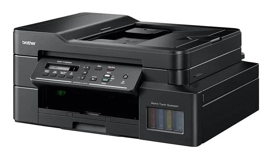 Czarna drukarka Brother. Wielofunkcyjna z pojemnikami na kolorowy tusz.