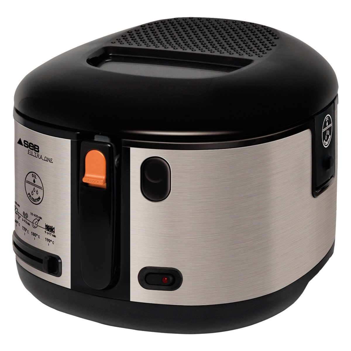 Smażalnica SEB Ultra One ze stali nierdzewnej i czarna. Posiada pokrywę i panel sterowania.
