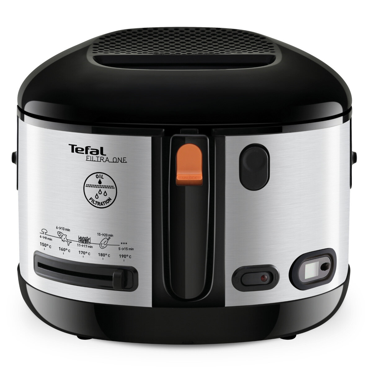Frytownica ze stali nierdzewnej i czarna. Posiada ustawienia temperatury i czarny uchwyt.