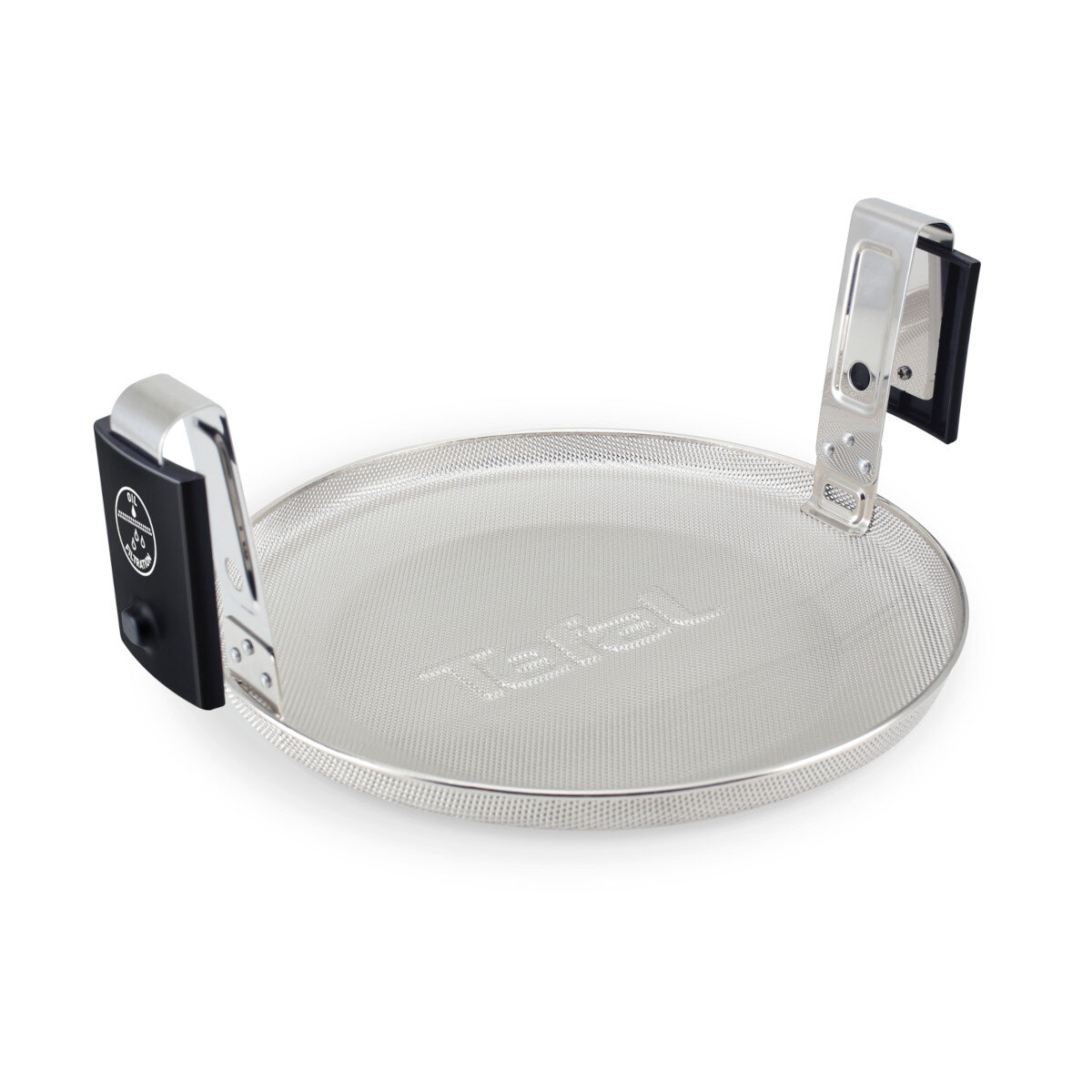 Okrągła, srebrna osłona przed rozpryskami z dwoma czarnymi uchwytami. Białe tło i wyraźny widok.