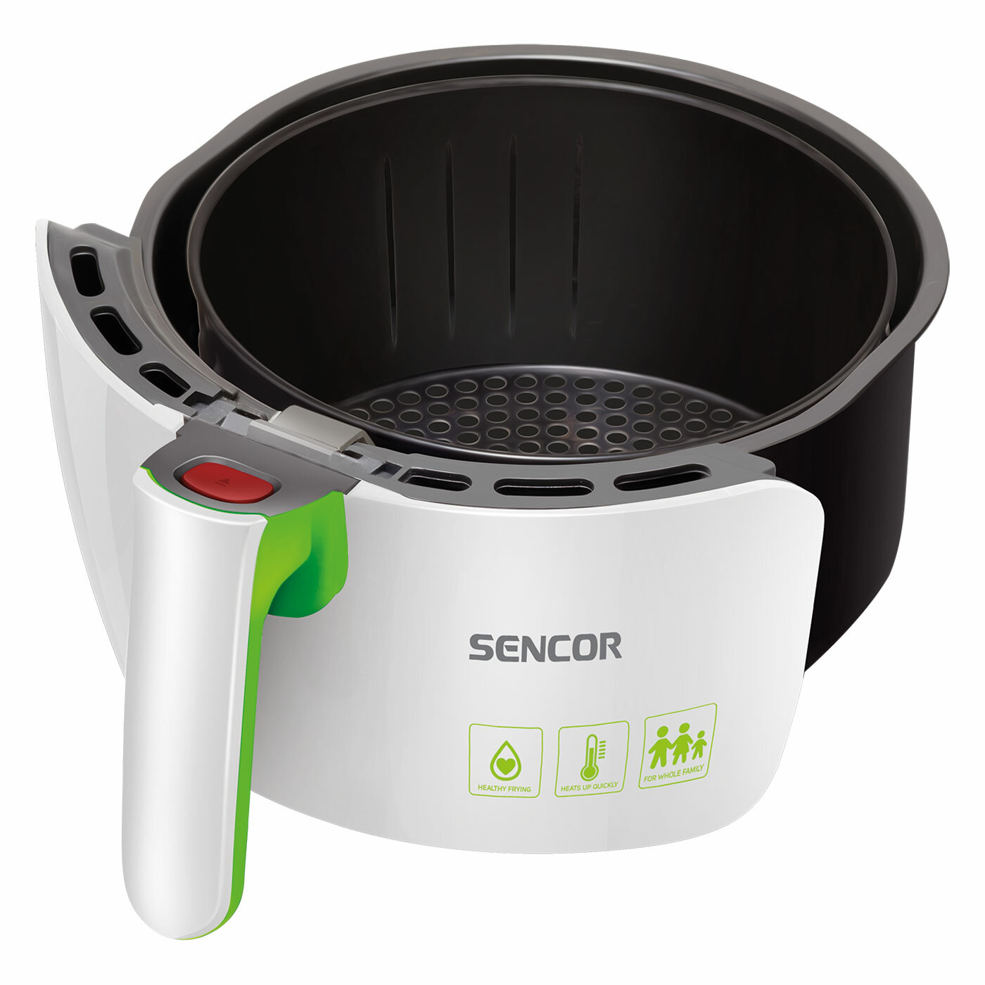 Frytkownica powietrzna z białą obudową i czarnym wnętrzem. Uchwyt jest zielony.