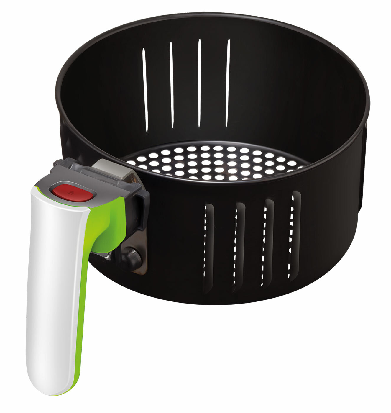 Czarny kosz do frytkownicy powietrznej z białym i zielonym uchwytem.