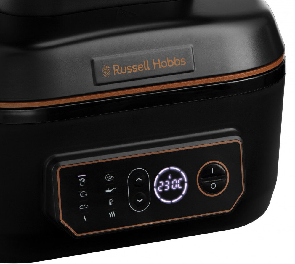 Czarne urządzenie Russell Hobbs z cyfrowym wyświetlaczem i elementami sterowania dotykowego.