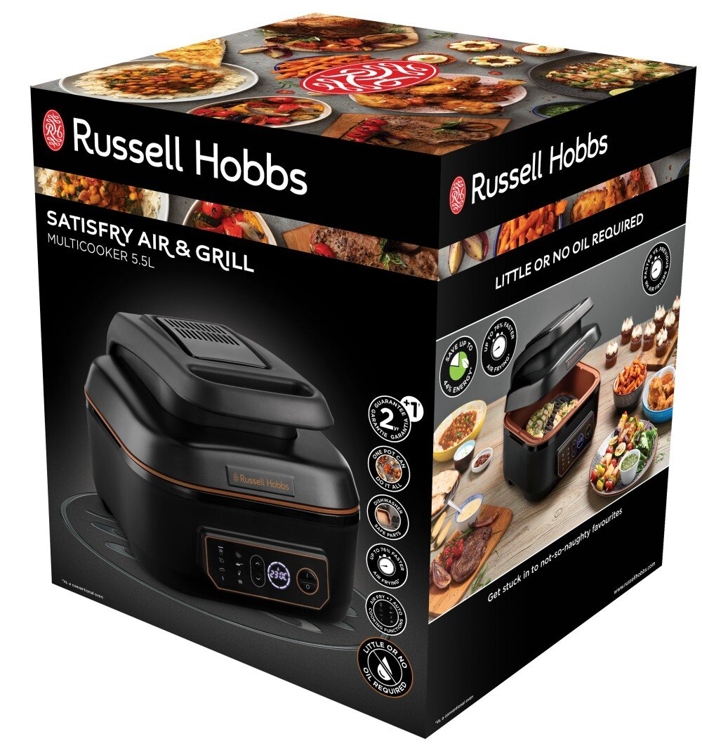 Pudełko frytkownicy Russell Hobbs. Pudełko pokazuje zdjęcia jedzenia przygotowanego we frytkownicy.