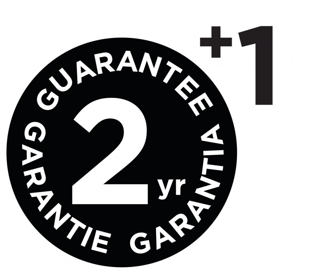 Czarno-białe koło z napisem '2 lata gwarancji' i '+1'.