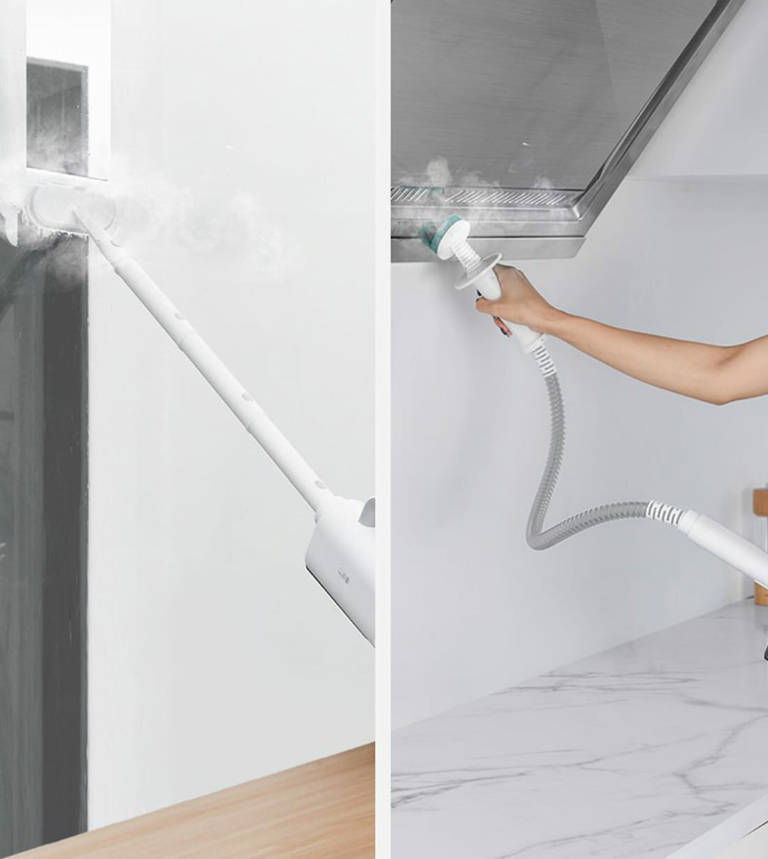 Dwa obrazy: Osoba używająca parownicy na ścianie. Inna osoba używa jej na okapie kuchennym.