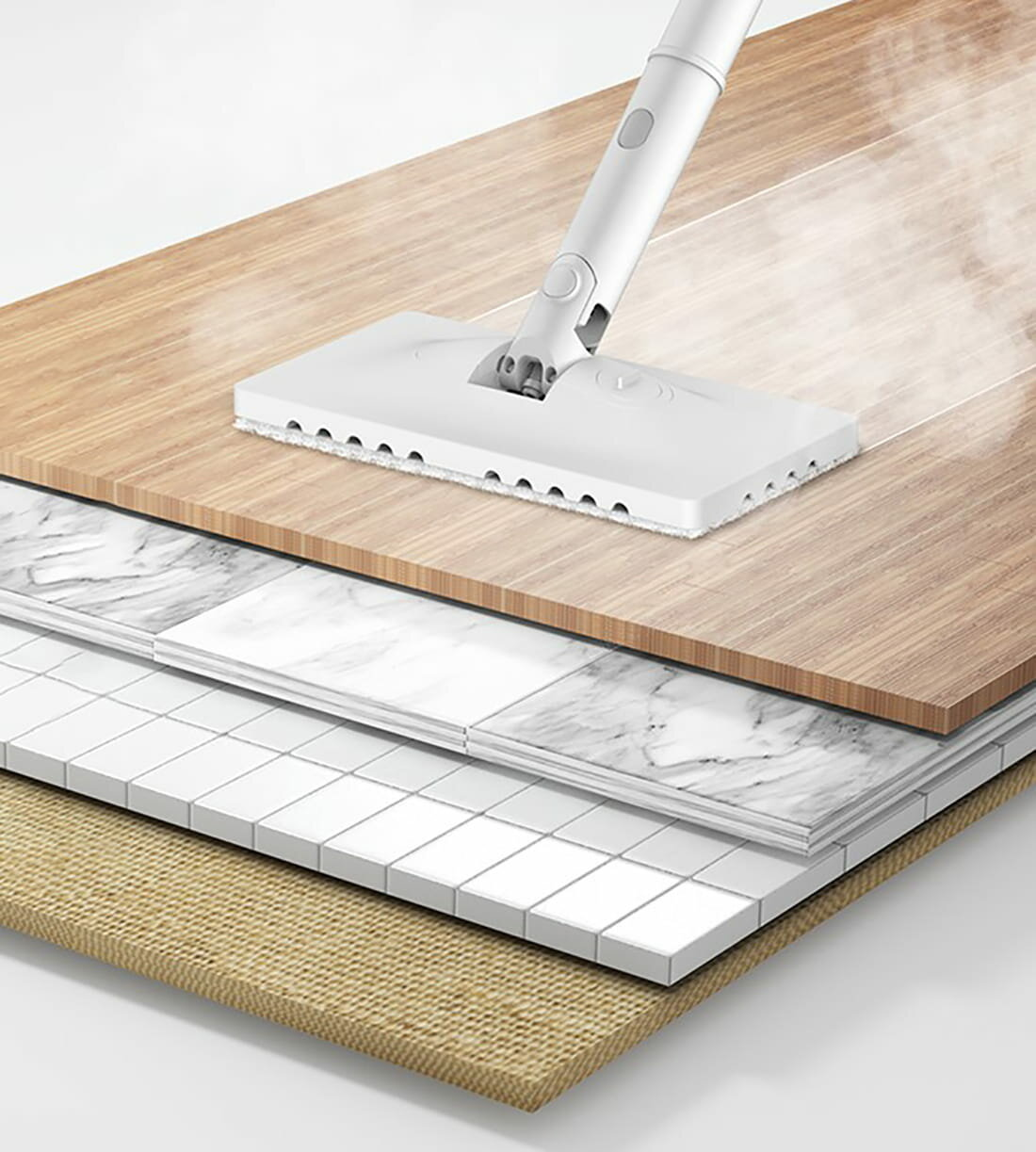 Biały mop parowy czyszczący warstwy drewna, płytek i marmuru.