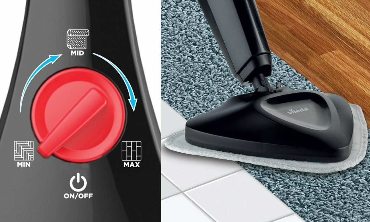 Mop parowy z czerwonym pokrętłem i czarnym korpusem. Głowica mopa czyszcząca dywan i kafelki.