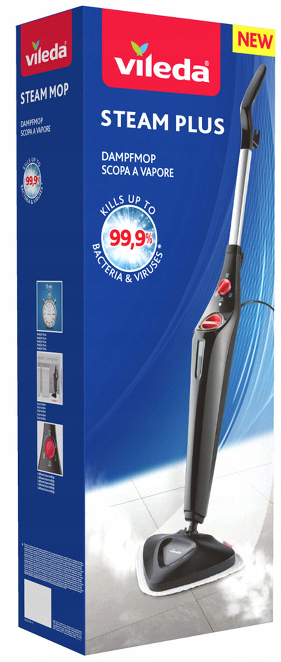 Pudełko mopa parowego, z tekstem i obrazami o jego funkcjach.