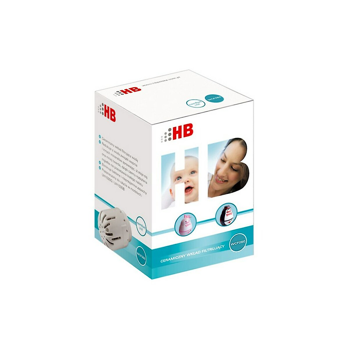 Zapakowany filtr wody ze zdjęciami dzieci. Zawiera kulkę filtrującą i tekst.