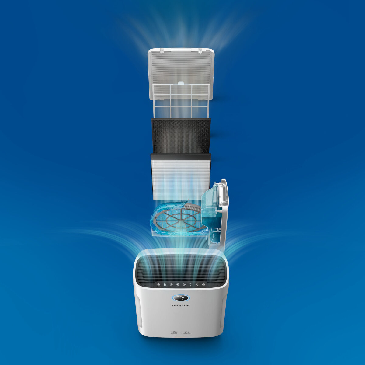 Zdemontowany oczyszczacz powietrza pokazujący filtry i elementy wewnętrzne. Niebieskie tło.