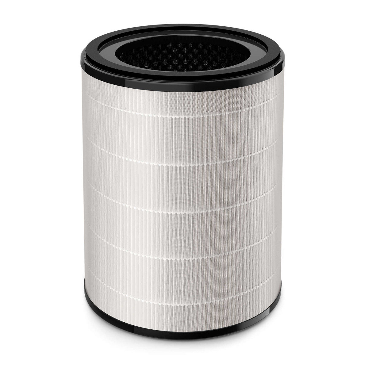 Biały filtr powietrza z czarną górą i dołem. Ma plisowaną konstrukcję.