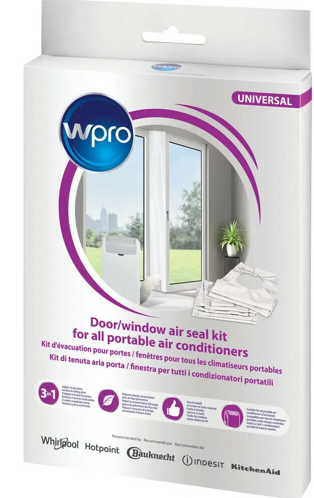 Białe pudełko z zestawem uszczelniającym do drzwi/okien, ze zdjęciem okna i klimatyzacji.