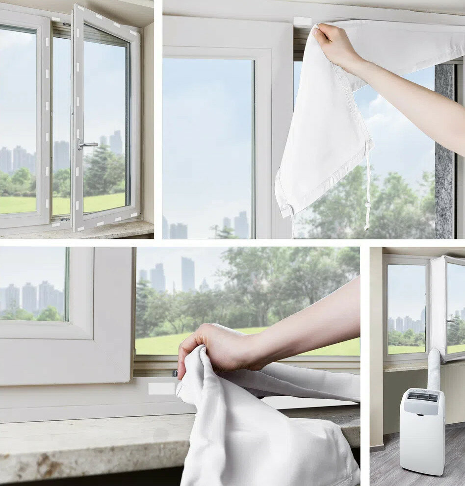 Kolor zdjęć przedstawiających okno z nałożoną białą tkaniną do uszczelniania i przenośny klimatyzator.