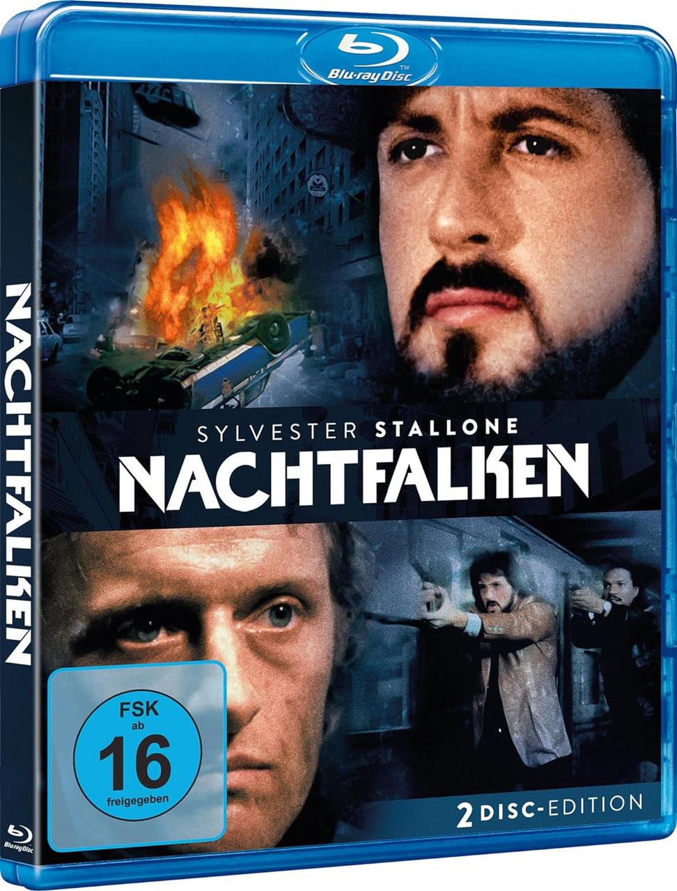 Blu-ray-Filmcover. Sylvester Stallones Gesicht ist zu sehen. Filmtitel ist Nachtfalken. FSK 16-Rating.