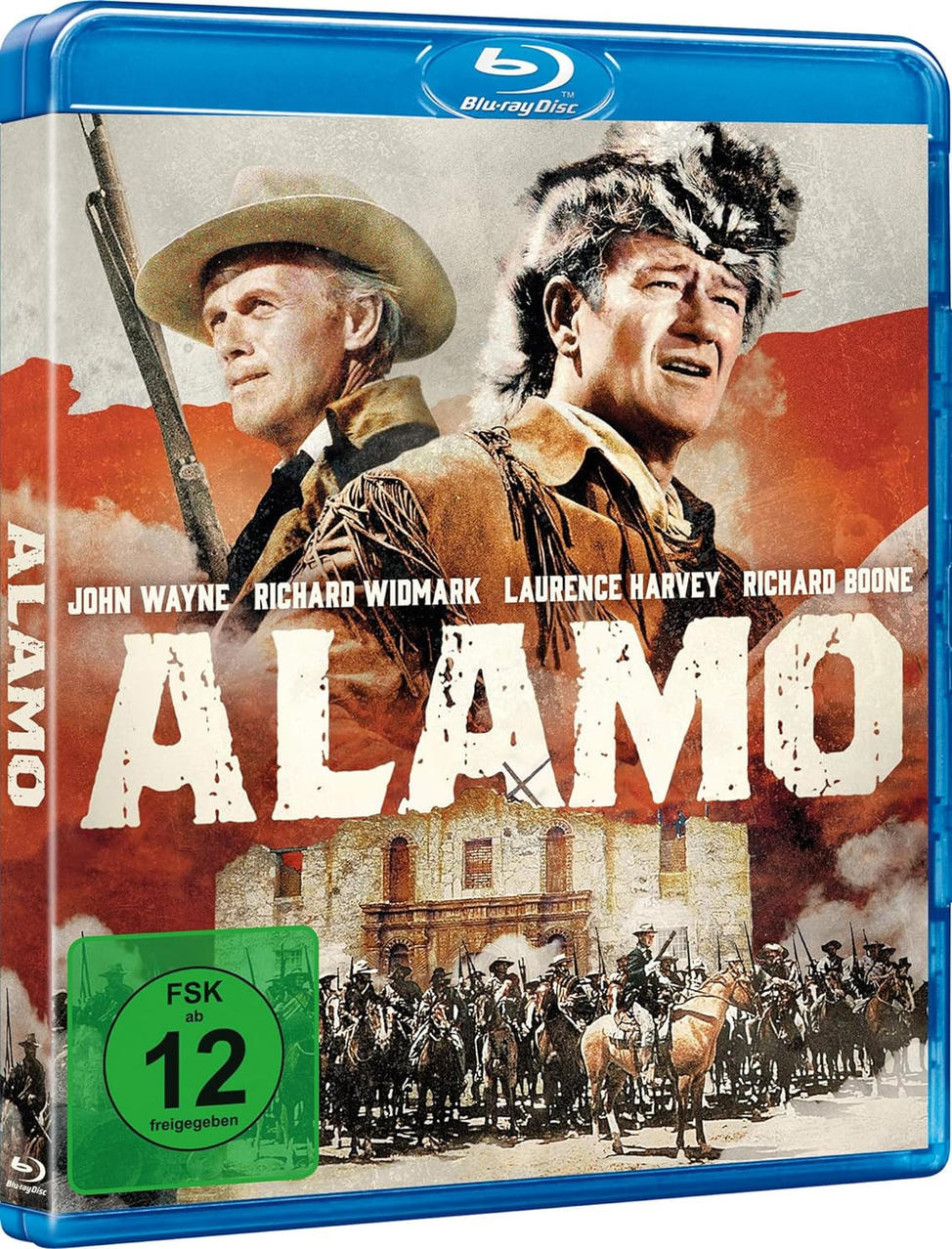 DVD-Cover des Films 'The Alamo' mit zwei Männern und einer Kampfszene im Hintergrund.