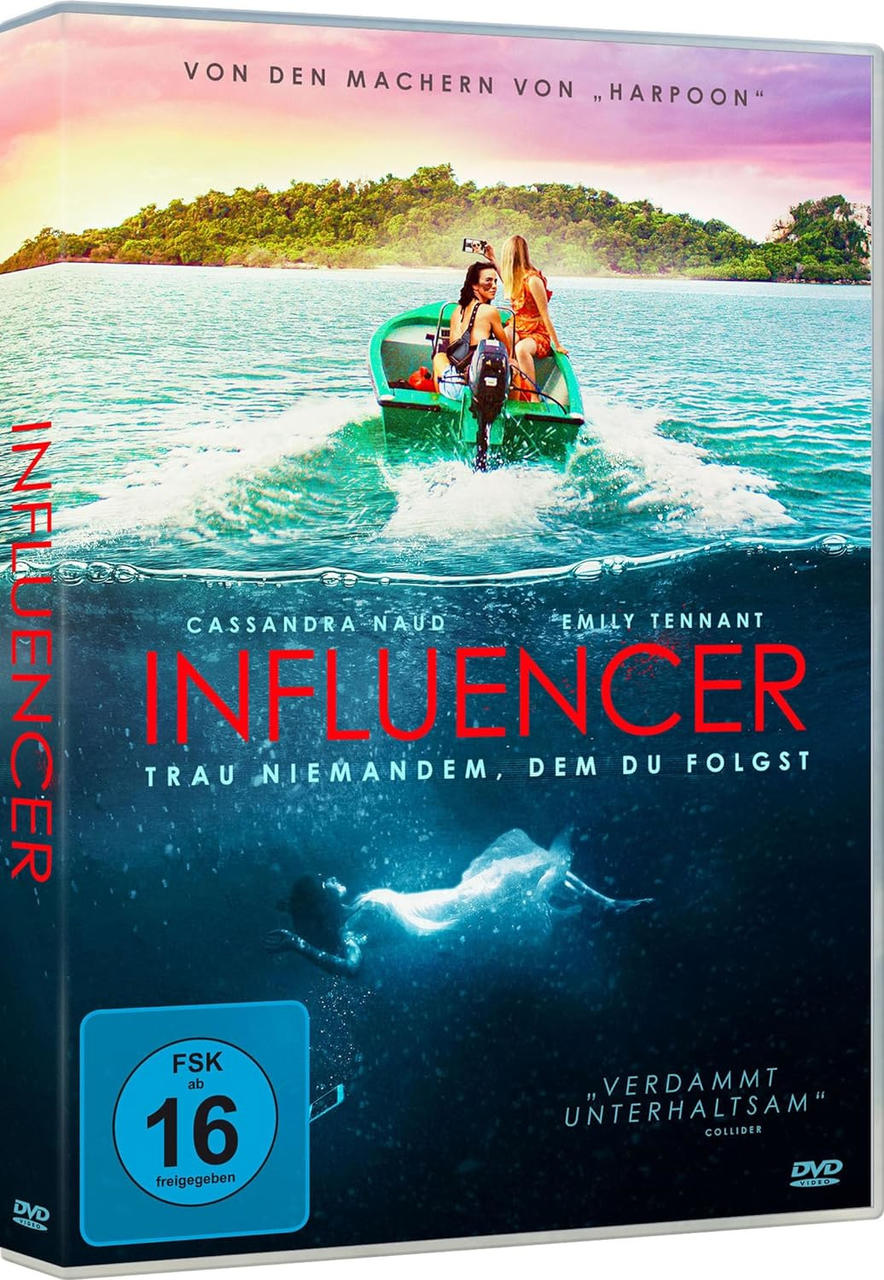 Filmcover: Boot mit zwei Frauen auf dem Wasser, Insel im Hintergrund. Titel: Influencer. Untertitel: Vertraue niemandem.