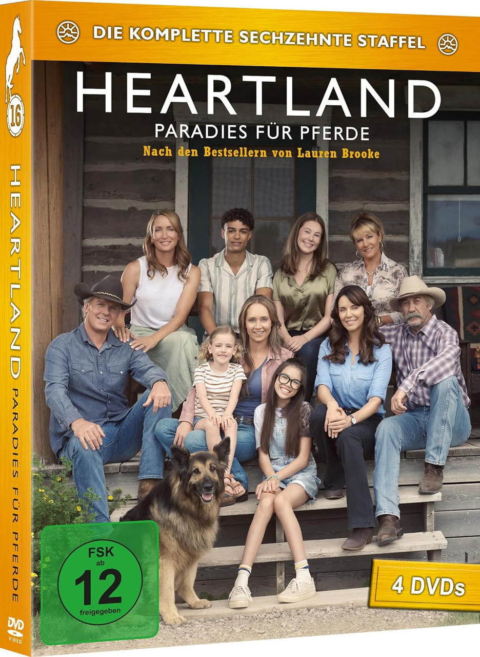DVD-Hülle von Heartland mit einer Gruppe von Menschen. Der Titel steht oben mit einem Pferd und einem grünen Aufkleber.