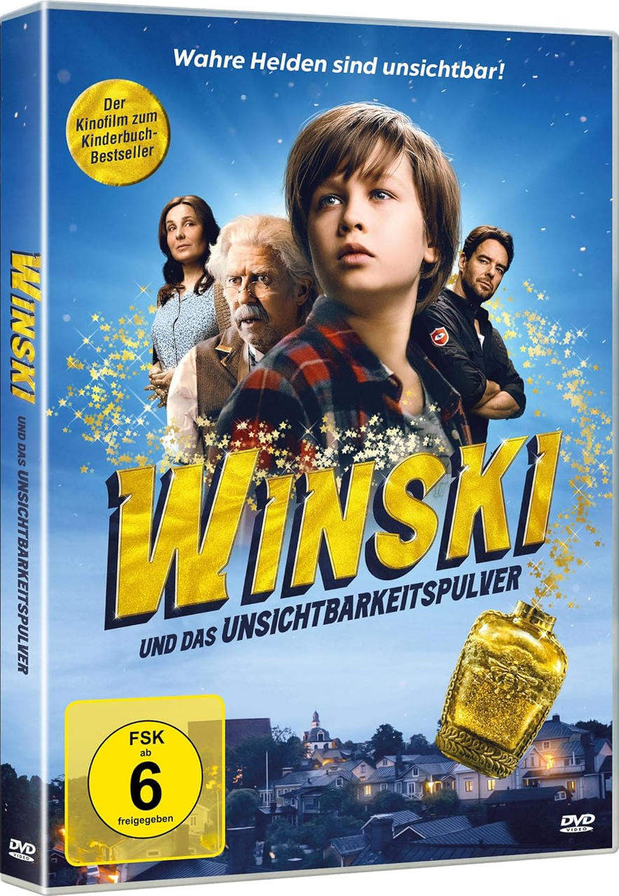 DVD-Cover mit einem Jungen und anderen Schauspielern, einer goldenen Flasche und einer Stadt im Hintergrund.