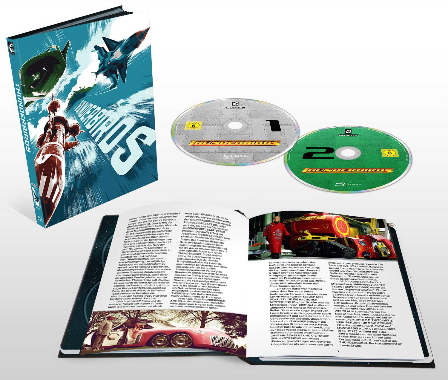Ein Buch und Blu-ray-Discs für 'Thunderbirds', mit Bildern aus der Serie.