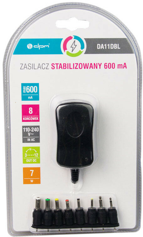 Czarny zasilacz sieciowy z wieloma końcówkami wtykowymi.