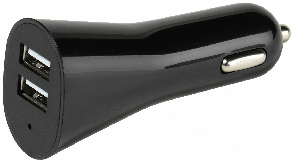 Czarna ładowarka samochodowa z dwoma portami USB. Ładowarka jest cylindryczna ze srebrnym wykończeniem z jednej strony.