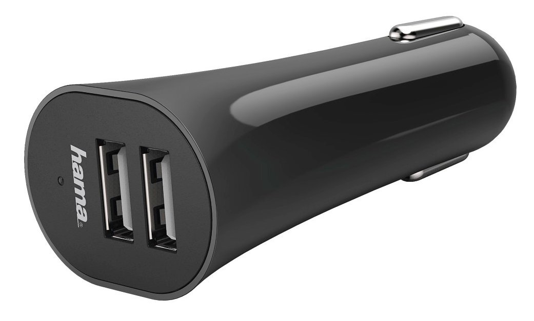 Czarna ładowarka samochodowa Hama z trzema portami USB. Ma błyszczące wykończenie i metalowe akcenty.