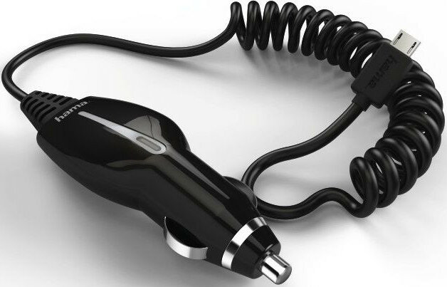 Czarna ładowarka samochodowa ze spiralnym kablem i złączem micro USB.
