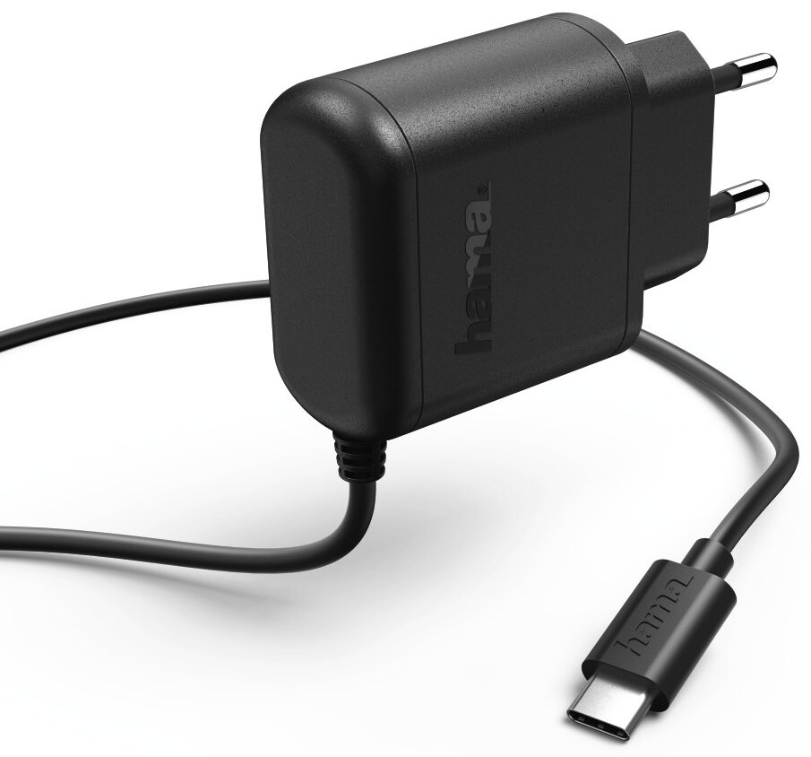 Czarna ładowarka Hama z kablem USB-C. Ładowarka ma dwa bolce.