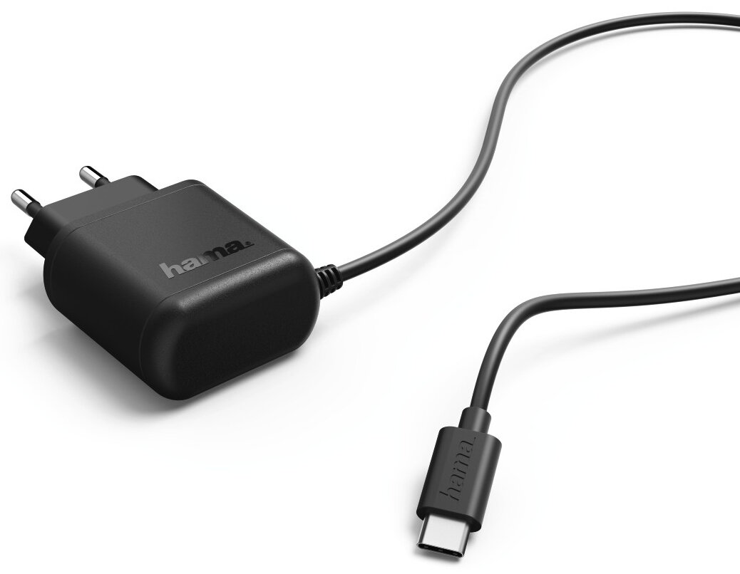 Czarna ładowarka z wtyczką i kablem USB-C. Widoczna jest nazwa marki.