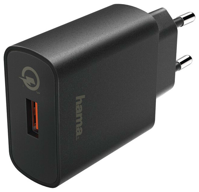 Czarna ładowarka do telefonu z pomarańczowym portem USB i dwoma bolcami. Napis 'hama'.