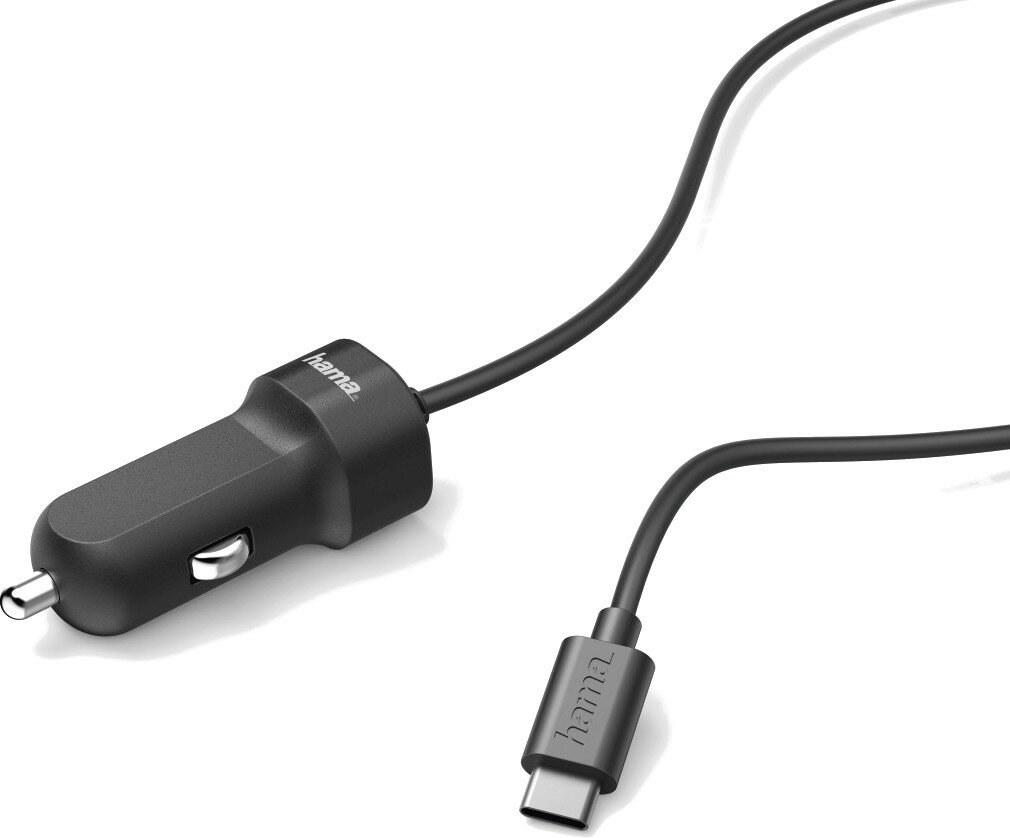 Czarna ładowarka samochodowa z kablem USB-C, czarne tło.