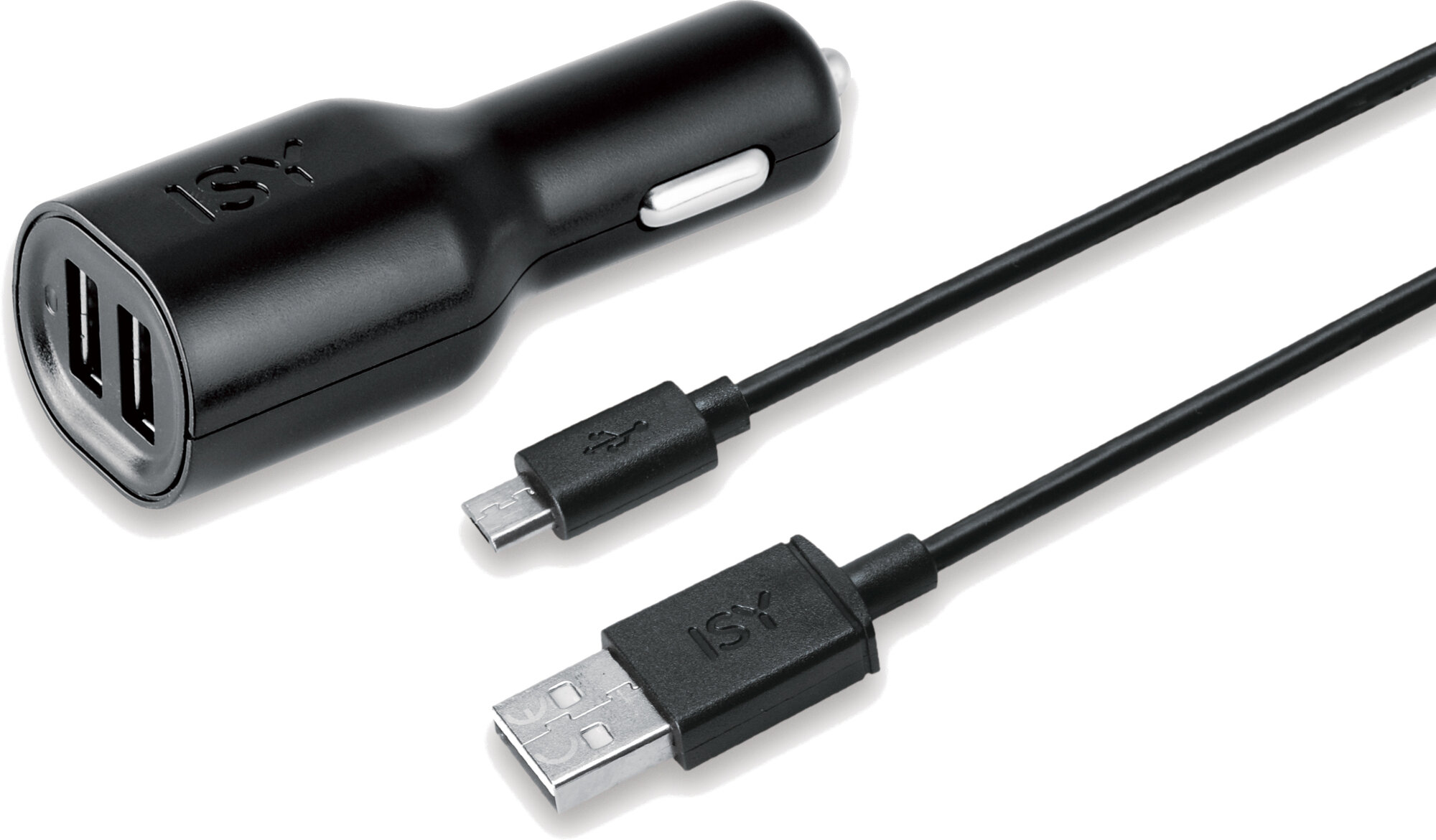 Czarna ładowarka samochodowa z dwoma portami USB oraz kablem micro USB i kablem USB.
