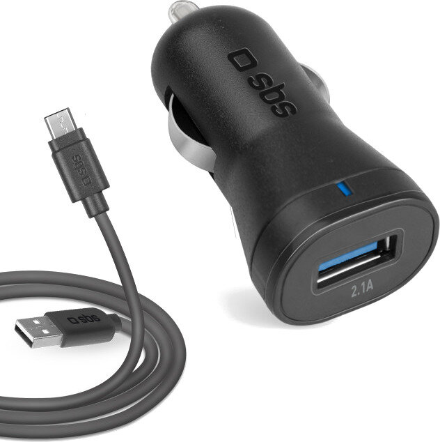 Czarna ładowarka samochodowa i kabel USB. Ładowarka ma port USB i niebieską diodę LED.