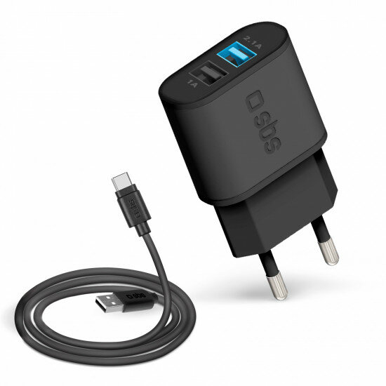 Czarna ładowarka z dwoma portami USB, kablem USB-C i białym tłem. Ładowarka ma tekst.