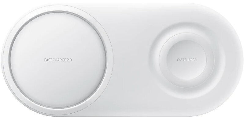 Biała bezprzewodowa podkładka ładująca. Ma dwa obszary ładowania. Napisano na niej 'Fast Charge'.