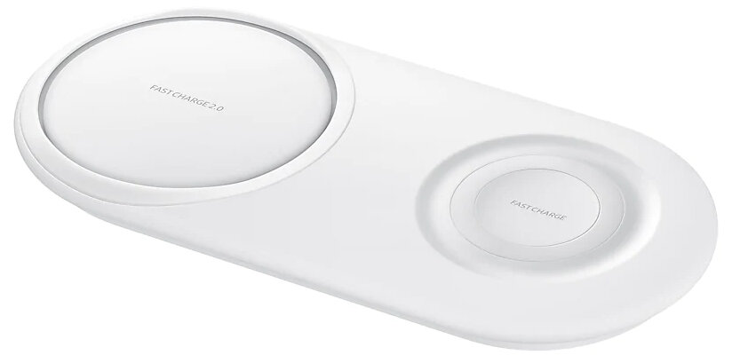 Biała ładowarka bezprzewodowa z dwoma obszarami ładowania. Ładowarka ma napisy 'Fast Charge'.