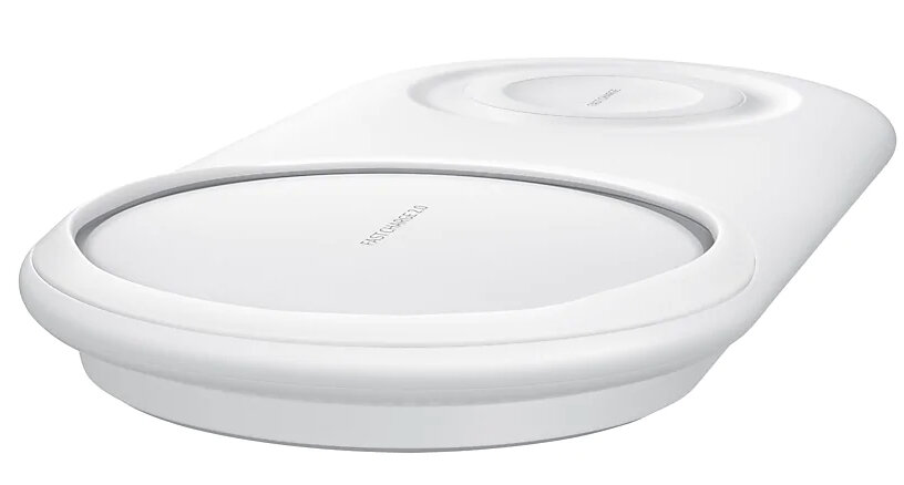 Biała bezprzewodowa podkładka ładująca z dwoma obszarami ładowania, oznaczona Fast Charge 2.0.