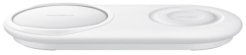 Biała bezprzewodowa podkładka ładująca z dwoma obszarami ładowania.
