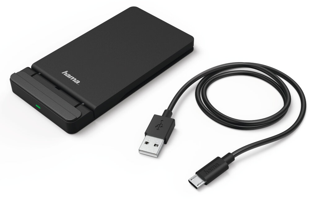 Czarny zewnętrzny dysk twardy z kablem USB. Dysk ma elegancki design.