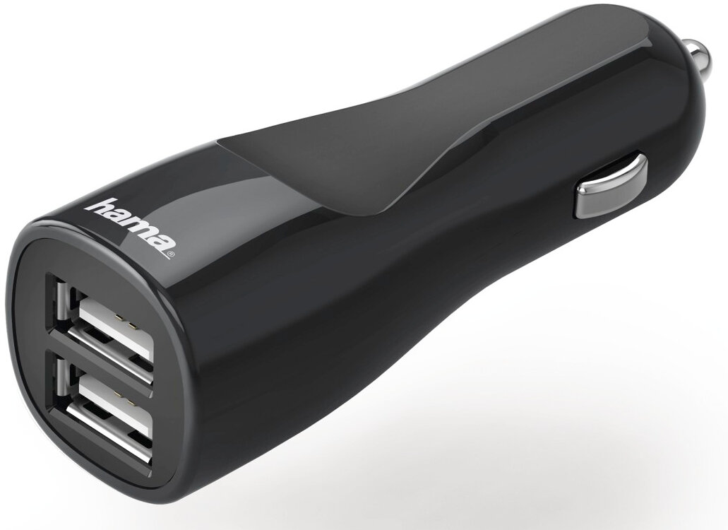 Czarna ładowarka samochodowa Hama z dwoma portami USB. Błyszczące wykończenie.