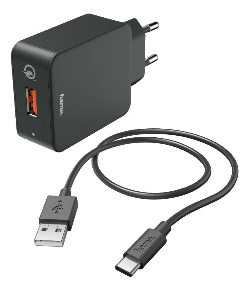 Czarna ładowarka i kabel Hama z wtyczką USB i USB-C.