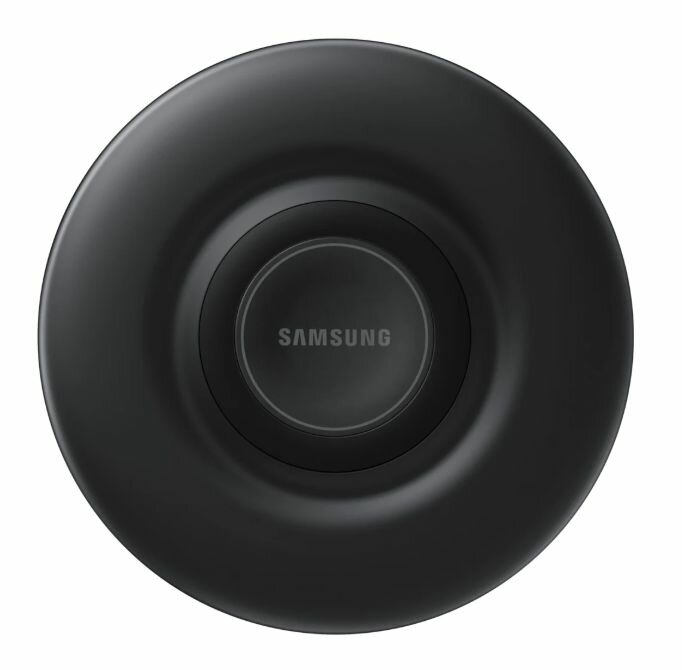 Czarna bezprzewodowa podkładka ładująca Samsung, okrągły kształt.